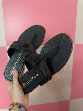 Tory Burch Black Leather Logo Toe-Post Sandals